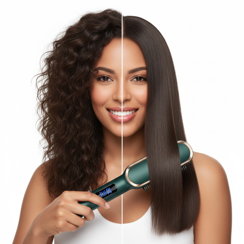 Green Hair Straightener Brush with Woman
